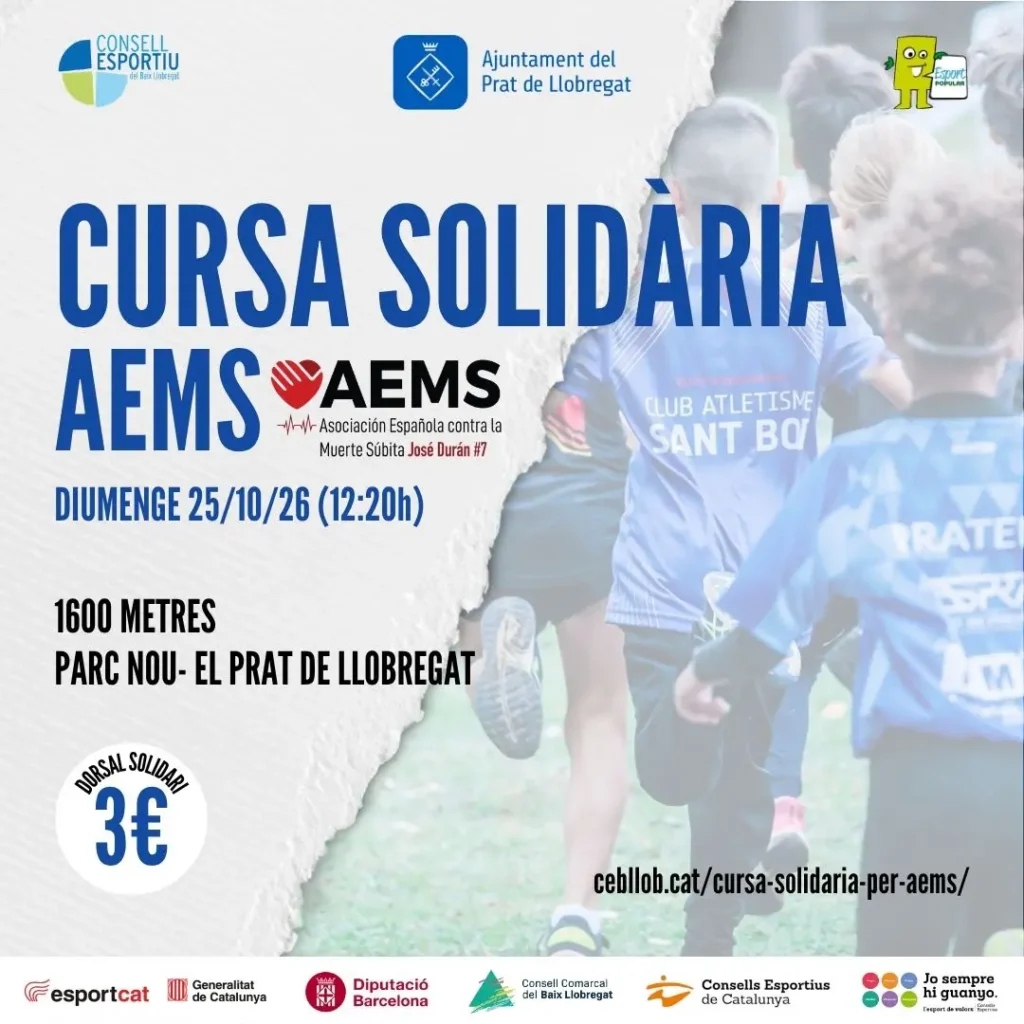 El proper diumenge 25 d’octubre de 2026 a les 12.20h i coincidint amb el 1r Cros Comarcal Escolar, tindrà lloc al Parc Nou del Prat de Llobregat la “Cursa Solidària AEMS”